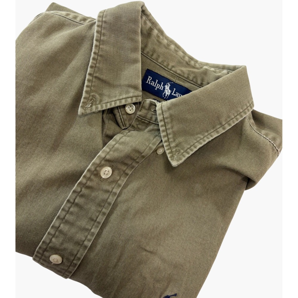 Vintage Ralph Lauren Mens Button Down Shirt L Olive Green Cotton Long Sleeve